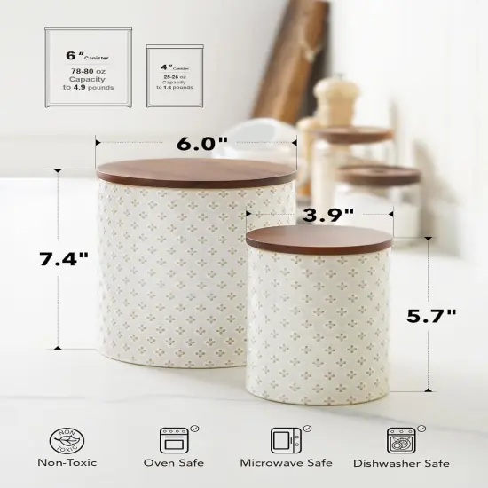 Food Storage Containers with Airtight Lids, 78/25 oz Ceramic Flour and Sugar Canisters Sets, Embossed Large Jars for Pasta, Oats, Coffee Bean, Cookies, Rice, Grains, Tea - Set of 2, Clover {4}