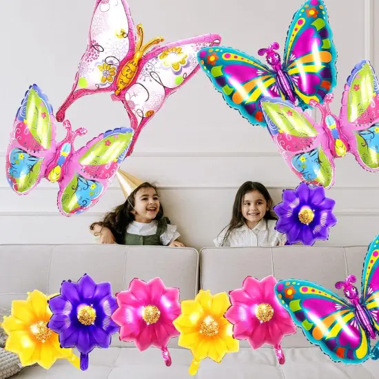 10 Pcs Foil Flower Butterfly Balloons, Colorful Butterfly Balloon with Floral Balloon, Sunflower Shaped Mylar Balloons, Spring Summer Floral Balloons {5}