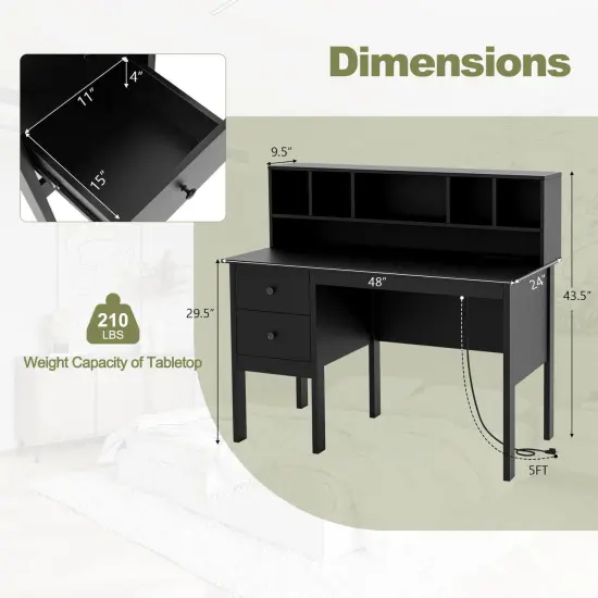 Costway 48" Computer Desk with Power Outlets Type-C 5-Cubby Hutch & 2 Storage Drawers Black/White {3}