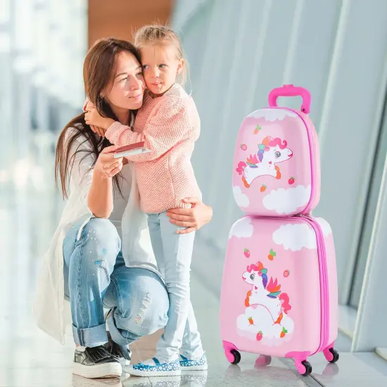 Costway 2PC Kids Carry On Luggage Set 12" Backpack and 16" Rolling Suitcase for Travel {2}