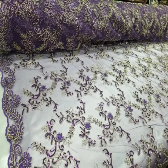 1 Yard Purple Metallic Flowers Sequins Mesh Lace Fabric for Tablecloths and Costumes Wide 54'' inch {2}