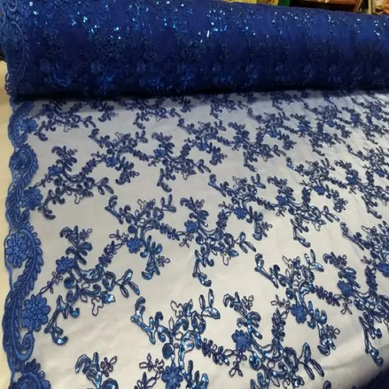 1 Yard Royal Blue Metallic Flowers Sequins Mesh Lace Fabric for Tablecloths and Costumes {2}