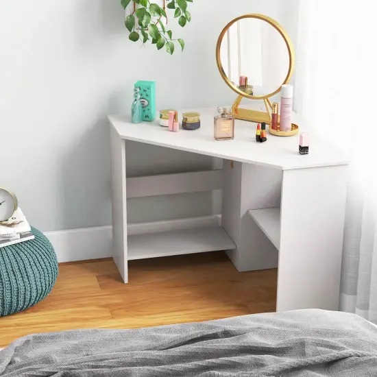 Costway Corner Computer Desk Triangle Writing Workstation w/ Storage Shelf White\Black {5}