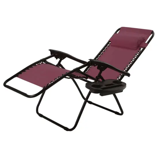 Set of 2 Folding Zero Gravity Recliner Chairs with Cup Holder Tray and Headrest for Patio or Lawn Burgundy {10}