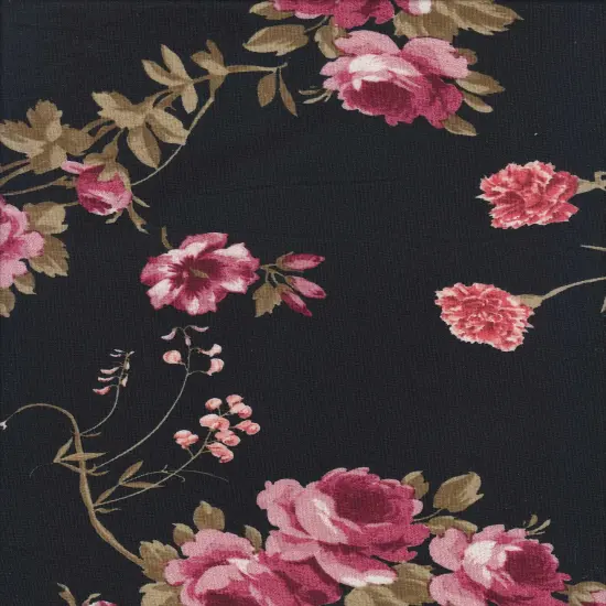 DTY Brushed Floral Print Fabric 1 Yard Soft Stretch Flowy Drape 58/60" Wide BLACK/CORAL {1}
