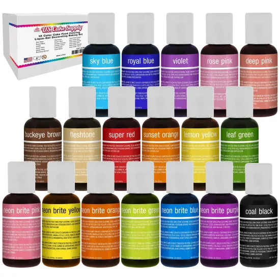 18 Color Cake Food Coloring Liqua-Gel Decorating Baking Set - 12-Primary & 6-Neon Colors U.S. Cake Supply 0.75 fl. oz. (20ml) Bottles - Made in U.S.A. {1}