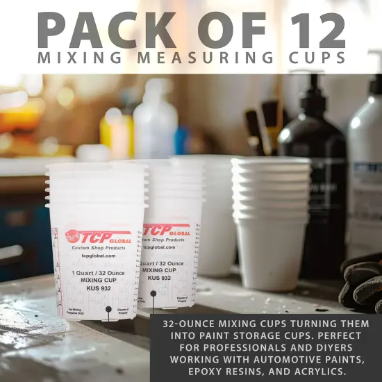 Paint Mixing Cups, 32-Ounce (12 Pack) - Plastic Measuring Cups for Liquids, Automotive Painting, Epoxy Resin, Acrylic Arts, Crafts, Disposable or Reusable, Graduated, Mixing Ratios {5}