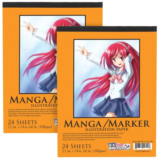 11&rsquo; x 14" Premium Manga Marker Paper Pad (2 Pack, 48 Sheets Total) - 60lb (100gsm) Drawing Sketchbook for Alcohol & Acrylic Paint Markers {1}