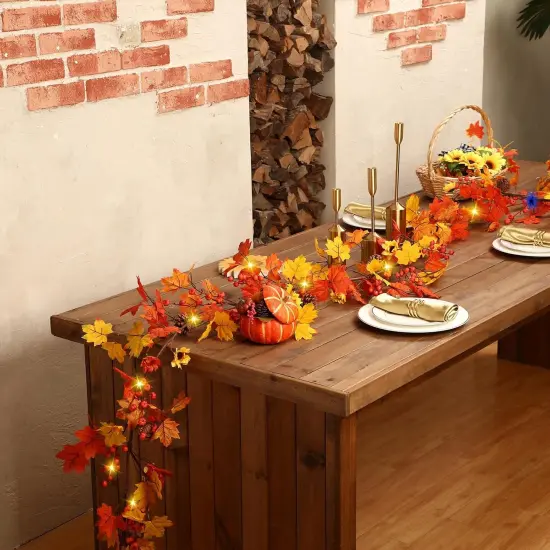 Autumn Garland Maple Leaves with 50 LED Artificial Sunflower Berry Vine {3}