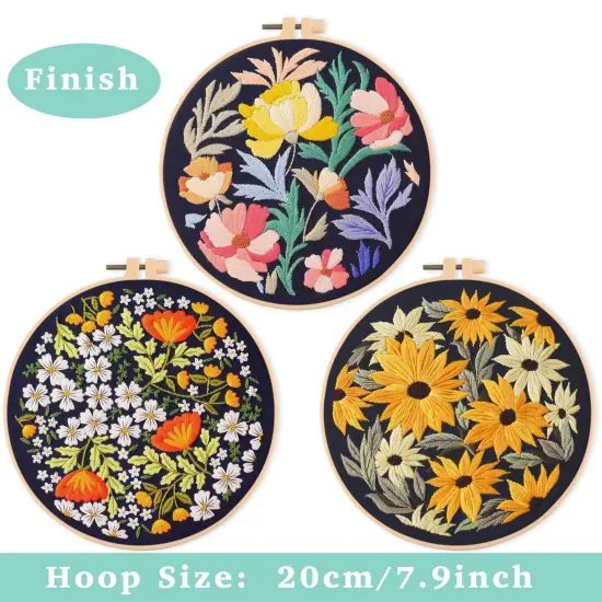 REEWISLY 3Pcs Embroidery Starter Kit with Patterns and Instructions, DIY Adult Cross Stitch Kits Beginner, Including 3 Plastic Embroidery Rings, 1 Scissors, Colored Threads and Needles {6}