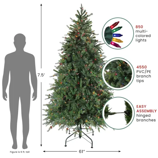 Northlight Real Touch&trade;️ Pre-Lit Medium Hunter Fir Artificial Christmas Tree - 7.5' - Multicolor Lights Green {5}