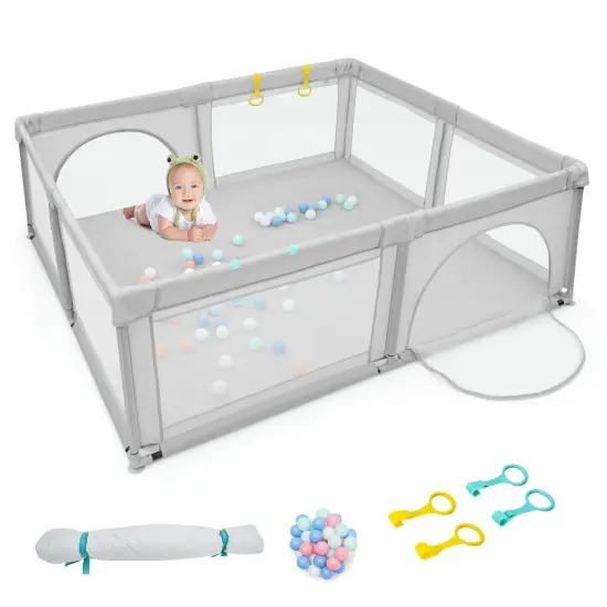 Large Infant Baby Playpen Safety Play Center Yard with 50 Ocean Balls Grey {5}