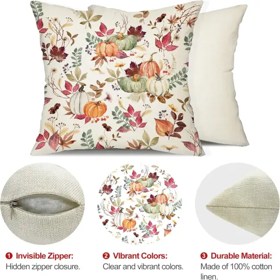 Set of 2 Fall Pumpkin Maple Leaf Pillow Covers 20x20 inch {5}