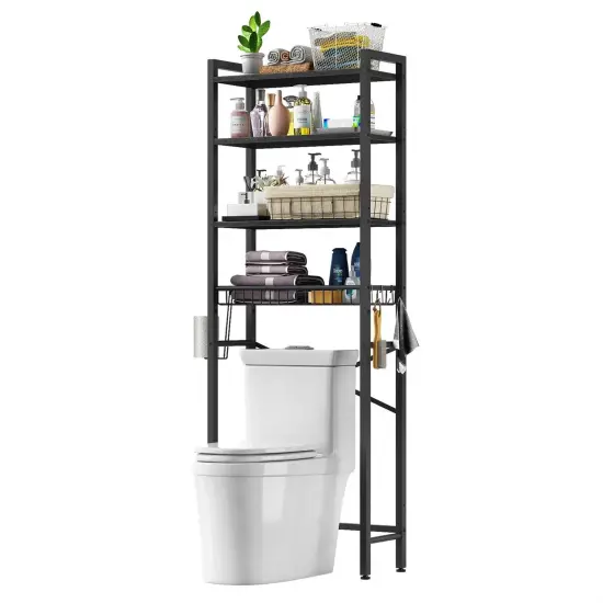 Over the Toilet Storage Shelf with 4 Tiers Adjustable Shelves and Hooks Freestanding Metal Black {7}