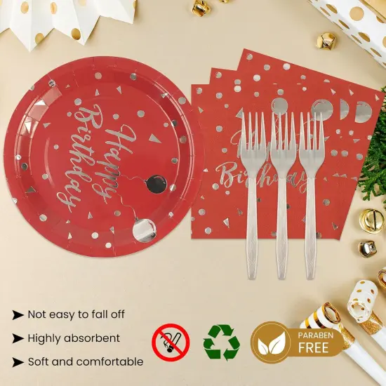 75PCS Happy Birthday Paper Plates Set, Disposable Party Dessert Plates Dinnerware Napkins Plastic Forks Tableware Guests for 2025 New Year Birthday Party Decoration, Serve 25 (Red, 7IN) {3}