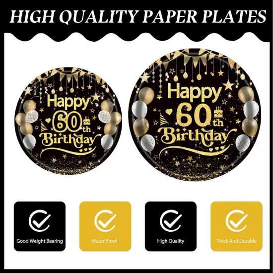 96Pcs 60th Happy Birthday Tableware Set Black Gold Disposable Paper Plates and Napkins with Forks Back in 1965 Birthday Party Decorations Supplies for Men Women, Serve 24 {2}