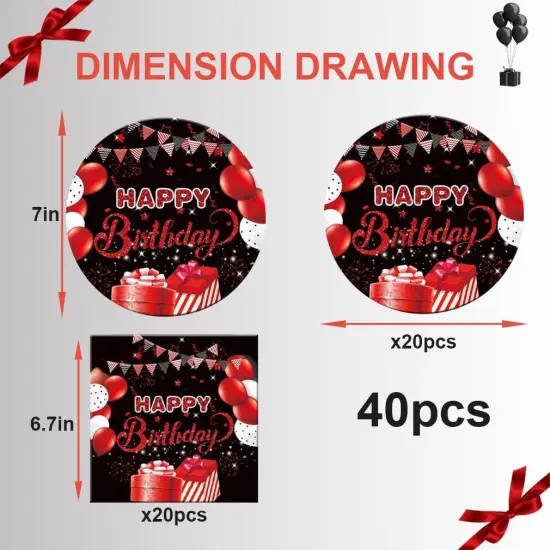 40pcs Black and Red Birthday Party Supplies,Include 20 Dessert Plate, 20 Napkin,For Men and women Birthday Party Supplies,Used for Black and Red Birthday Party Decoration {2}