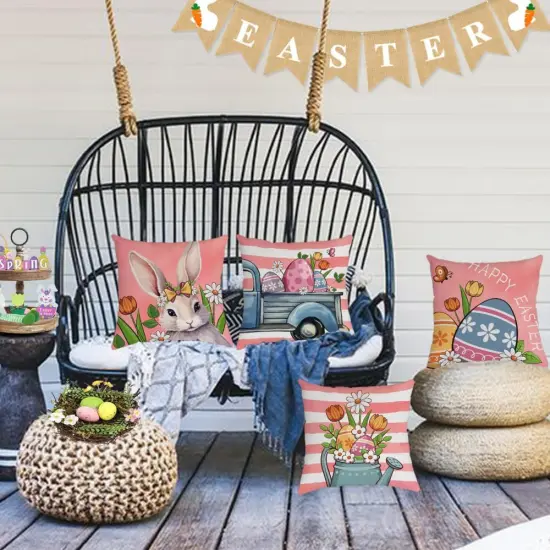 Easter Throw Pillow Covers 18x18 Set of 4 Soft Velvet Spring Easter Pillow Covers Pink Easter Bunny Egg Flower Truck Cushion Covers Pillow Cases for Home Outdoor Sofa Couch Decoration {4}