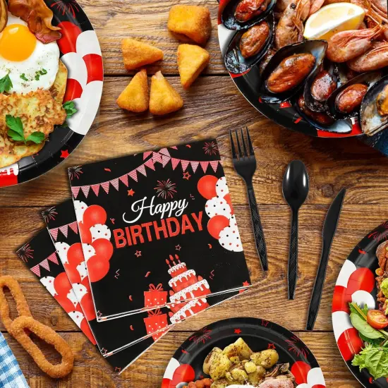 168 Pcs Black and Red Birthday Party Supplies Tableware Set Happy Birthday Plates, Knife,Forks,Spoons, Cups and Napkins Table Decorations for Women Girls Birthday Party Decorations, 24 Guests {5}