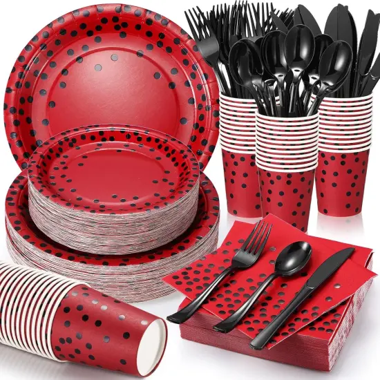 560 Pcs Red and Black Party Supplies for 80 Guests Disposable Tableware Set Red and Black Paper Plates Napkins Cups Black Plastic Forks Knives Spoons for Graduation Birthday Ladybug Party {1}