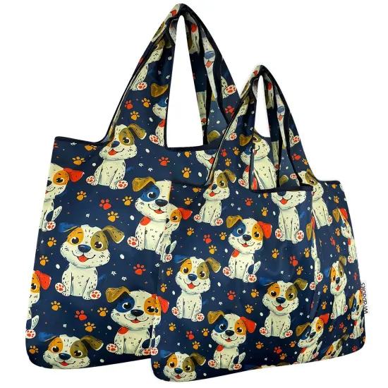 Wrapables Large & Small Foldable Tote Nylon Reusable Grocery Bags, Set of 2, Puppies and Paws {1}
