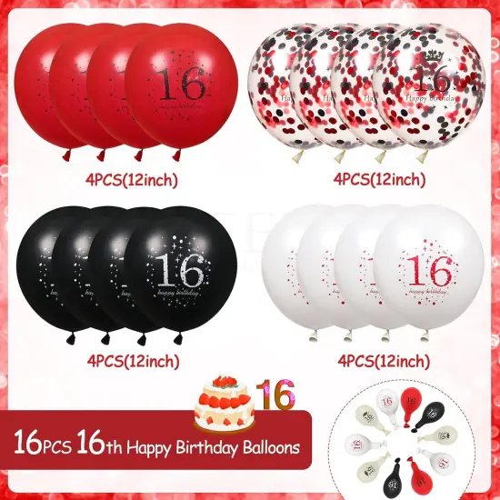 16th Birthday Balloons - 16Pcs Red & Black Latex Balloons for Girls & Boys - Happy 16th Birthday Party Decorations {4}