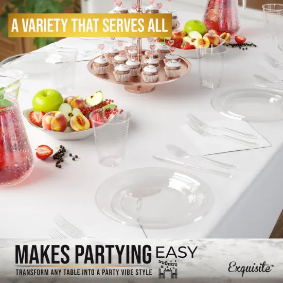 Exquisite 182 Pcs Plastic Plates for Party &ndash; Disposable Plates Set &ndash; 26 Each of 9" Dinner Plates, 7" Dessert Plates, Plastic Cups, Napkins & Plastic Cutlery &ndash; Plastic Dinnerware by Party Solids Clear {4}