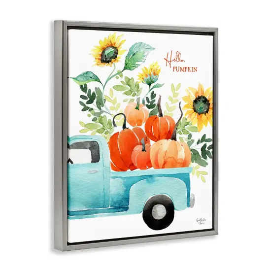 Hello Pumpkin Autumn Truck Carrying Seasonal Plants Floating Frame Canvas Art Gold {9}