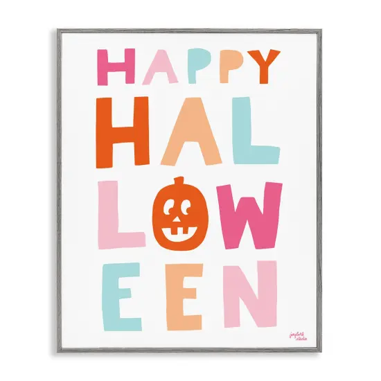 Pastel Happy Halloween Text Whimsical Pumpkin MotifFramed Giclee Art Gray {1}