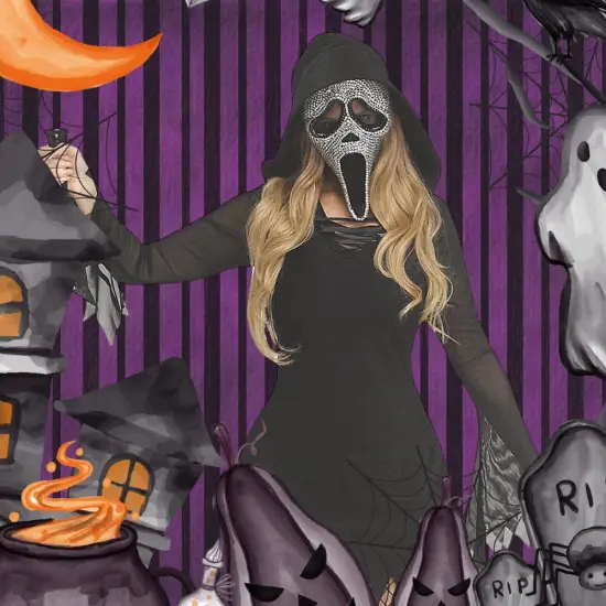 Women's Scream Ghost Face Bling Costume Halloween Sparkle Mini Dress Rhinestone Mask Scary Party Outfit {2}