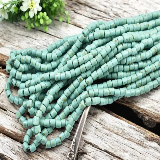 6/0 Aged Green Turquoise Picasso Tube Beads (20" Strand) {3}