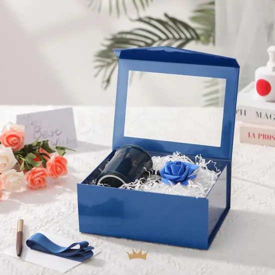 Blue Easter Gift Box with Window, 9x6.5x3.8 Inches, Clear Gift Box for Present Contains Ribbon, Card, Groomsman Proposal Boxes with Magnetic Lid (Glossy Blue) {4}