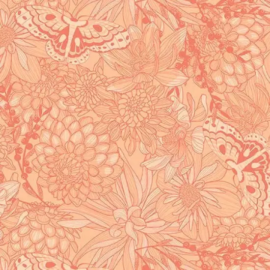 Light Salmon Dahlias at Dusk Tonal Floral & Butterflies Cotton 44"/45" Fabric Per Yard {1}