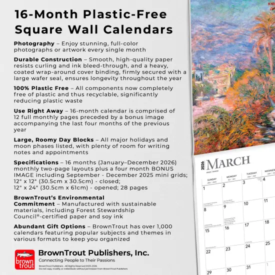 Claude Monet | 2026 12 x 24 Inch (Hanging) Monthly Square Wall Calendar | Foil Stamped Cover | Plastic-Free {6}
