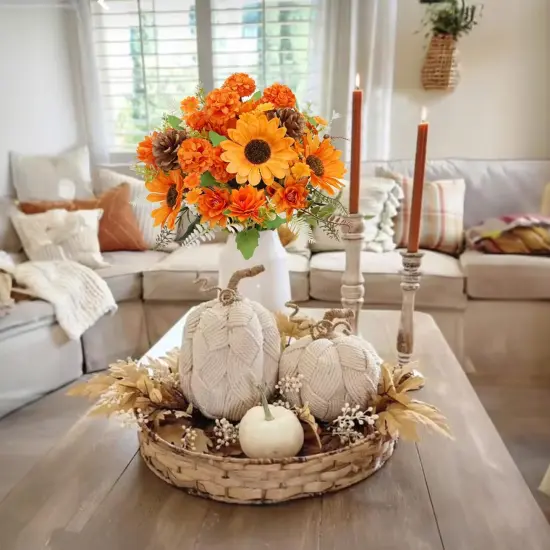 Artificial Mum Bush Sunflowers Faux Fall Chrysanthemums Flower - Orange {5}