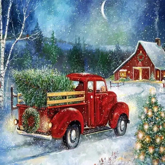 Red Truck 5D Paint with Diamond Kit - Snowy Night {1}