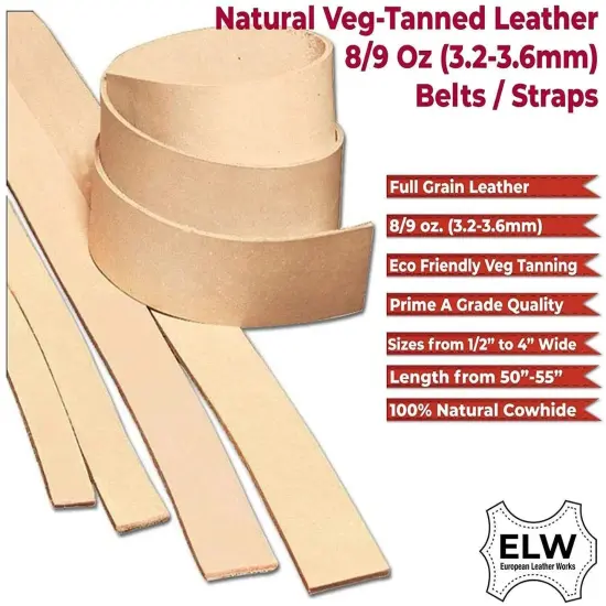 ELW 8/9 oz. (3.2-3.6mm) Thickness Belt-Blanks-Strips-Straps from 1" to 10" Wide and Lengths to 84" Import Tooling Full Grain Natural Cowhide Veg Tanned Leather {2}