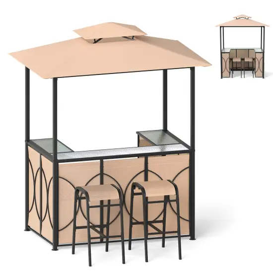 6.5 x 4 x 8 FT Grill Gazebo Set with 2 Bar Stools and Bar Table Brown {6}