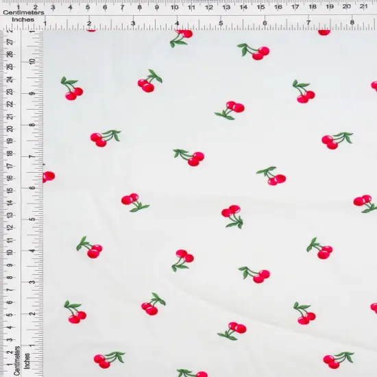 1 Yard Stretch Poplin Cherry Print Fabric, 57/58&Prime; Wide Cotton Spandex Blend IVORY/RED {3}