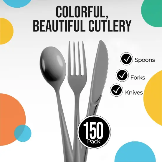 Exquisite Polished Plastic Silverware &ndash; 150 Pcs Heavy Duty Cutlery Set &ndash; 50 Each of Forks, Knives & Spoons &ndash; Disposable Utensil Set for Parties, Events & Catering &ndash; Flatware Set by Party Solids {2}