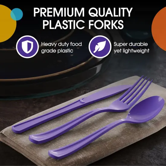 Exquisite Polished Plastic Silverware &ndash; 150 Pcs Heavy Duty Cutlery Set &ndash; 50 Each of Forks, Knives & Spoons &ndash; Disposable Utensil Set for Parties, Events & Catering &ndash; Flatware Set by Party Solids Purple {4}