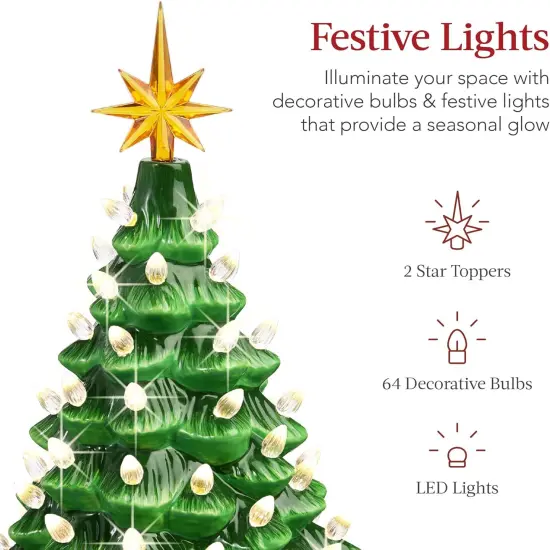 15in Ceramic Christmas Tree Pre-Lit Tabletop Holiday Tree with Star Topper and Multicolored Bulbs Green W {10}