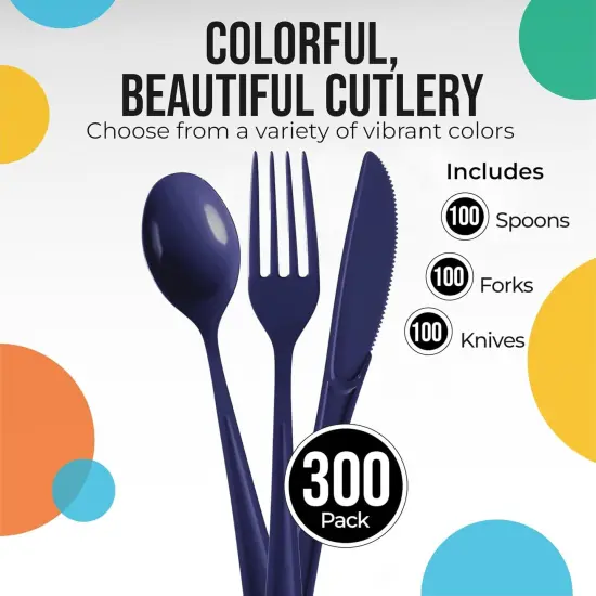 Exquisite Polished Plastic Silverware &ndash; 150 Pcs Heavy Duty Cutlery Set &ndash; 50 Each of Forks, Knives & Spoons &ndash; Disposable Utensil Set for Parties, Events & Catering &ndash; Flatware Set by Party Solids Navy {3}