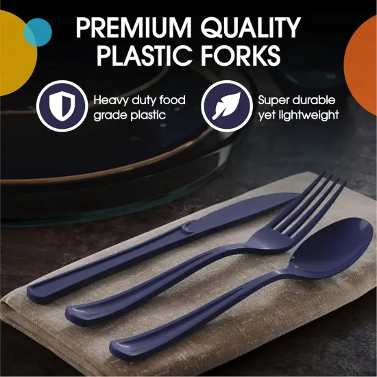 Exquisite Polished Plastic Silverware &ndash; 150 Pcs Heavy Duty Cutlery Set &ndash; 50 Each of Forks, Knives & Spoons &ndash; Disposable Utensil Set for Parties, Events & Catering &ndash; Flatware Set by Party Solids Navy {4}