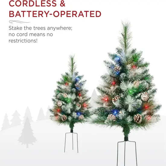 24.5in Pre-Lit Outdoor Christmas Trees, Battery Operated Holiday Pair with LED Lights Green W/Berries {11}