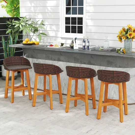 Costway Outdoor Faux Rattan Bar Chairs Set of 2/4 Solid Acacia Wood Bar Stools for Porch Brown/Gray {12}