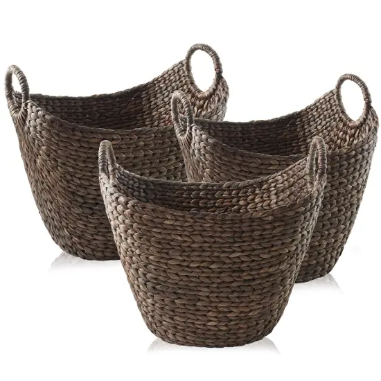 Casafield Set of 3 Multipurpose Boat Baskets with Handles, Woven Water Hyacinth Storage Organizers for Throw Blankets, Bedroom, Living Room, Laundry {1}