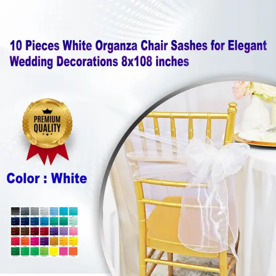 10 Pieces White Organza Chair Sashes for Elegant Wedding Decorations 8x108 inches {1}