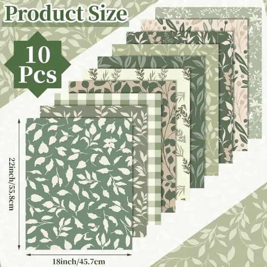 10 Pcs Sage Green Floral Quilting Fabric - 18 x 22 Inch {2}