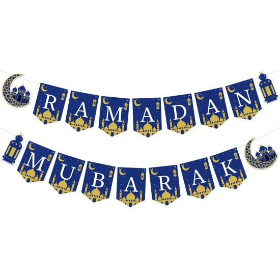 Ramadan Mubarak Banner Muslim Ramadan Mubarak Bunting Banner Garland with Lantern Moon Castle Sign Eid Mubarak Festival Celebration Party Decorations for Mantle Fireplace Wall Party Supplies {2}
